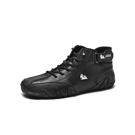 

Lacyhop Mens Work Breathable Leather Shoes Lightweight Mid Top Casual Hook And Loop Booties Black 11