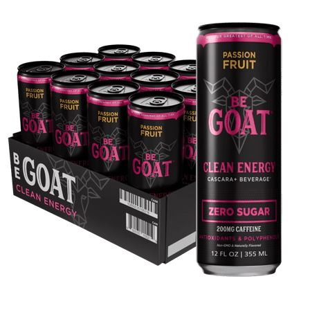BeGOAT Passion Fruit Zero Sugar Clean Energy Drink, 12 oz can (12 Pack)