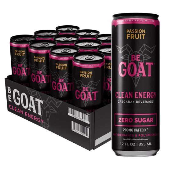 BeGOAT Passion Fruit Zero Sugar Clean Energy Drink, 12 oz can (12 Pack)