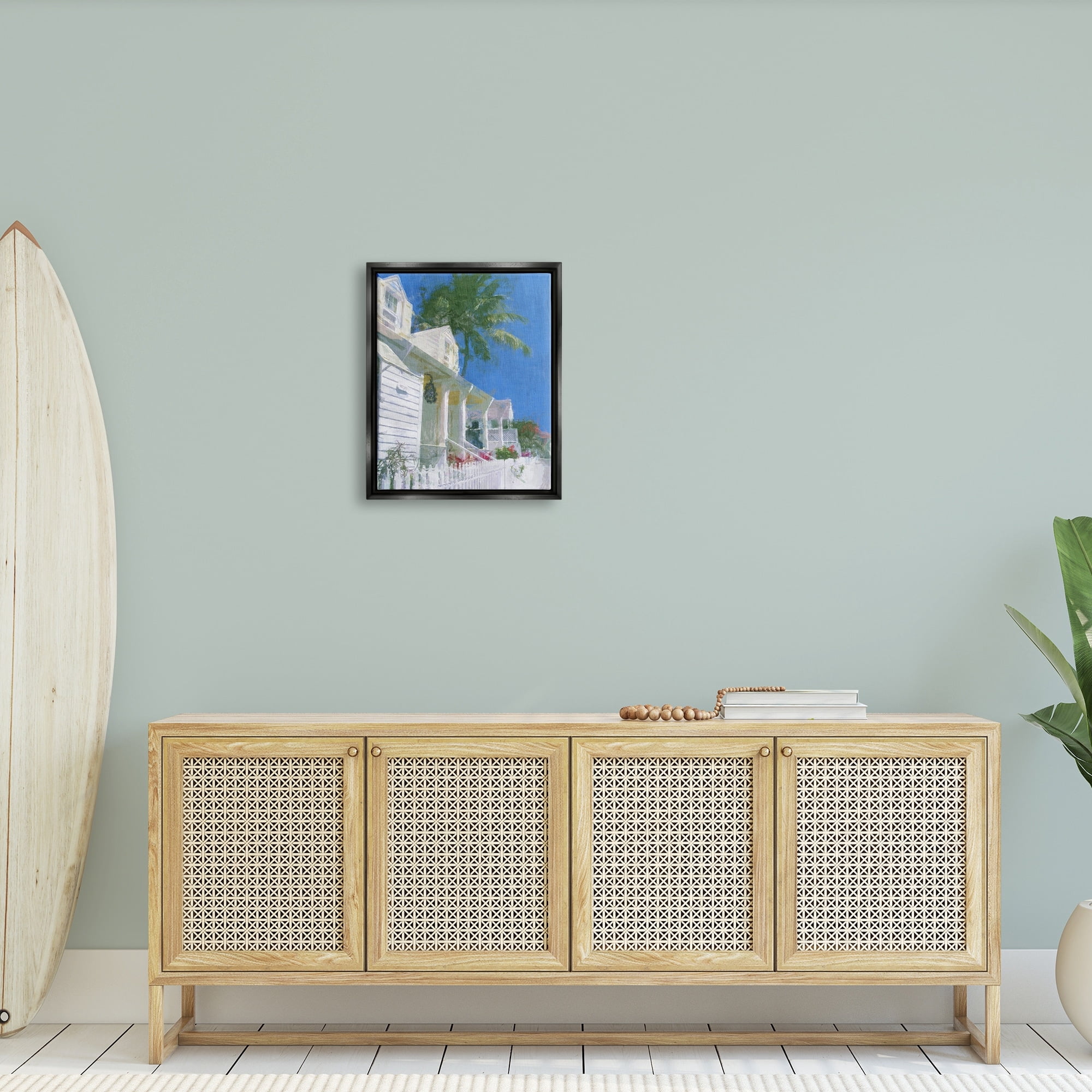 Stupell Industries Palm Tree Looming White Summer Villa Cottage Painting Jet Black Floating Framed Canvas Print Wall Art, Design by Noah Bay