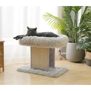 Catry 19" Large Cat Platform Artificial Shag Fur Gray Cat Bed Cat Tree Tower with Sisal Scratching Post with Free Cat Teaser as Bonus
