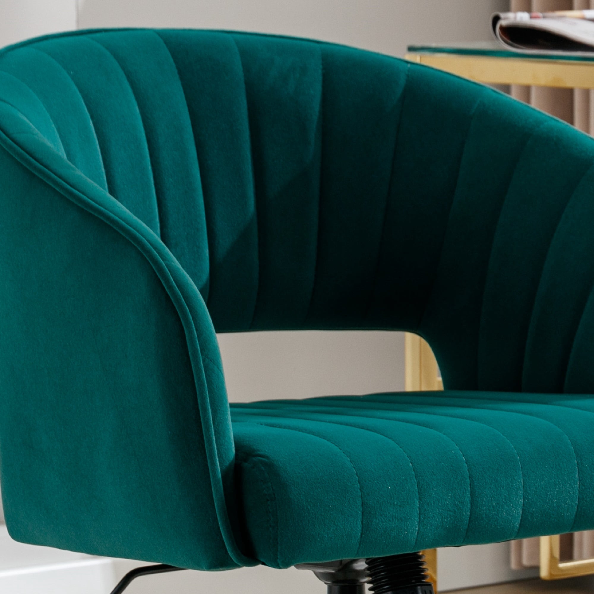 KCC Velvet Office Chair for Women, Swivel Vanity Desk Chair with Gold Base and Wheels, Adjustable Upholstered Chair for Bedroom, Makeup Room and Home Office(Green)