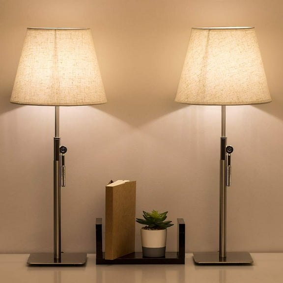 Adjustable Bedside Metal Table Lamp, Fabric Shade with Square Base - Silver