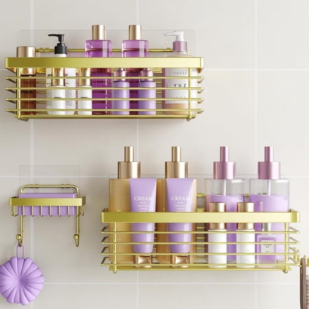Shower 3 Pack Sus304 Stainless Steel-no Drilling-shower Bathroom Shelves Rack Rustproof Wall Mounted Adhesive Shelf Basket Organizer-golden