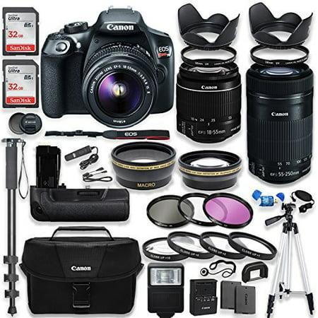 Canon EOS Rebel T6 DSLR Camera with Canon 18-55mm IS II Lens & 55-250mm IS STM Lens Kit + Battery Grip + Canon Case + 64GB Memory + Filters + Macros + Monopod + 50