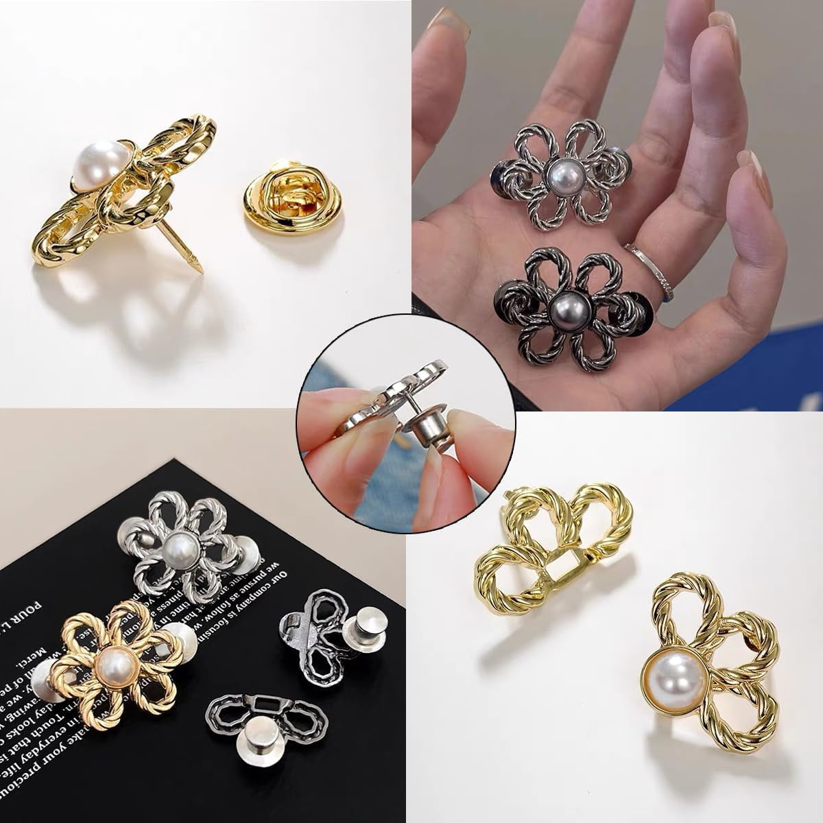 Pant Waist Tightener Flower Buttons Pins for Loose Jeans, Jean Buttons Pins, Adjustable Waists Buckle Sets No Sew, Reusable Waist Tightener 16PCS