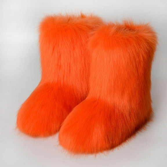 Miluxas Women's Faux fur Boot Furry Fluffy Short Snow Boot Mid-Calf Boots Warm Comfortable Outdoor Flat Shoes Orange 6.5-7(39)