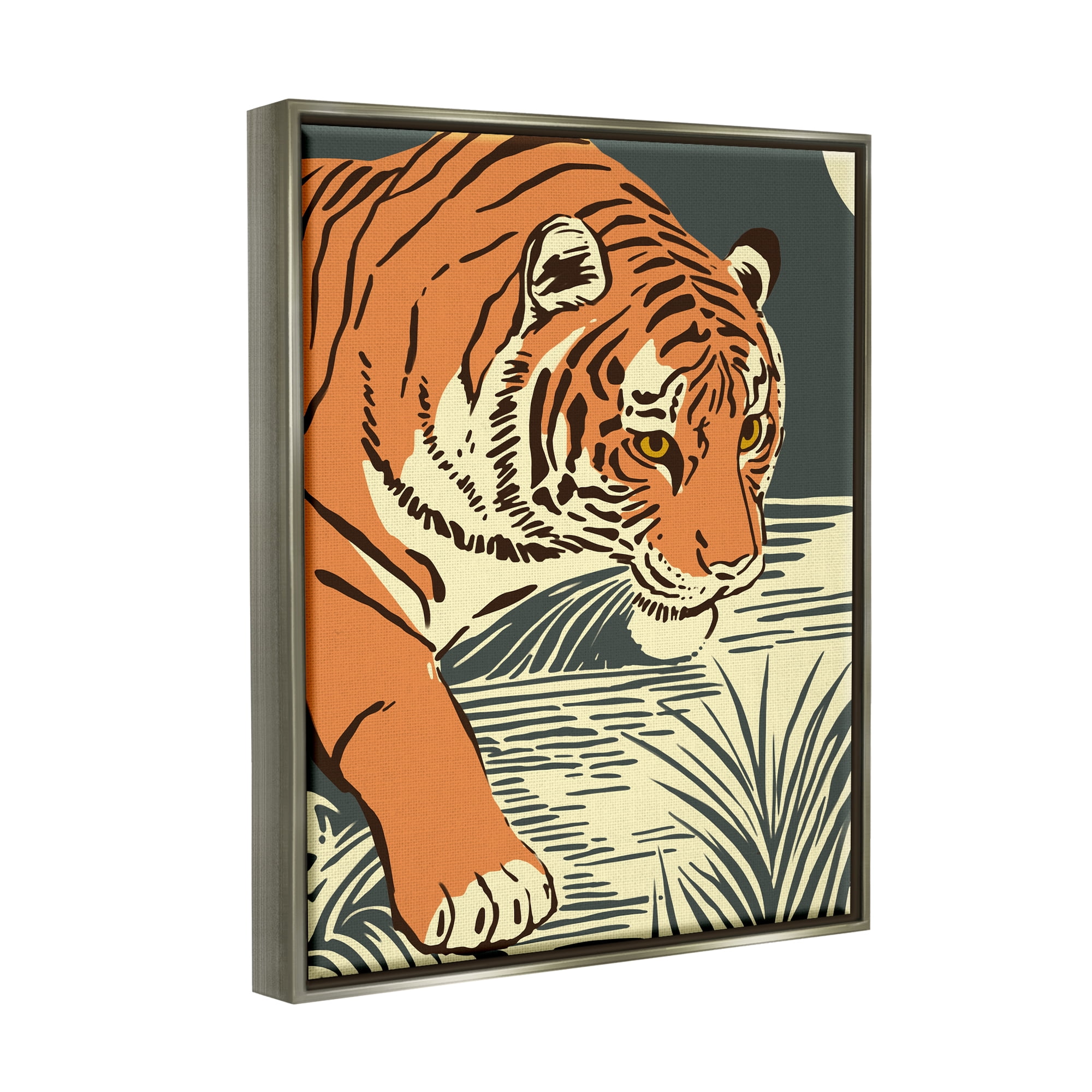 Stupell Industries Contemporary Tiger Jungle Nature Animals & Insects Painting Gray Floater Framed Art Print Wall Art
