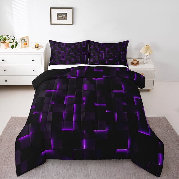 Erosebridal Plaid Buffalo Bedding Twin Comforter Set,Geometric Grid Down Comforter,Neon Gradient Bedding Sets Twin with Comforter,Breathable Boys Bedroom Decor,Reversible,3pcs