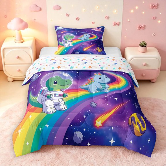 Manfei Space Astronaut Dino Animals Twin Comforter Sets,Neon Stars Rainbow Bedding Set,Blue Pink,Colorful Stars Reversible,2 Pieces,1 Comforter and 1 Pillowcase