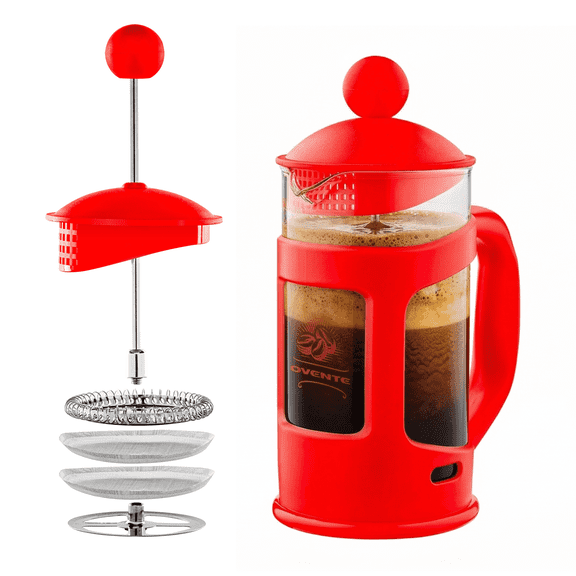 OVENTE French Press Coffee Maker 12 Ounce with Heat Resistant Borosilicate Glass & Stainless Steel 4-Level Filtration System, Portable Cold Brew Coffee Maker for Travel, Camping or Gift, Red FPT12R