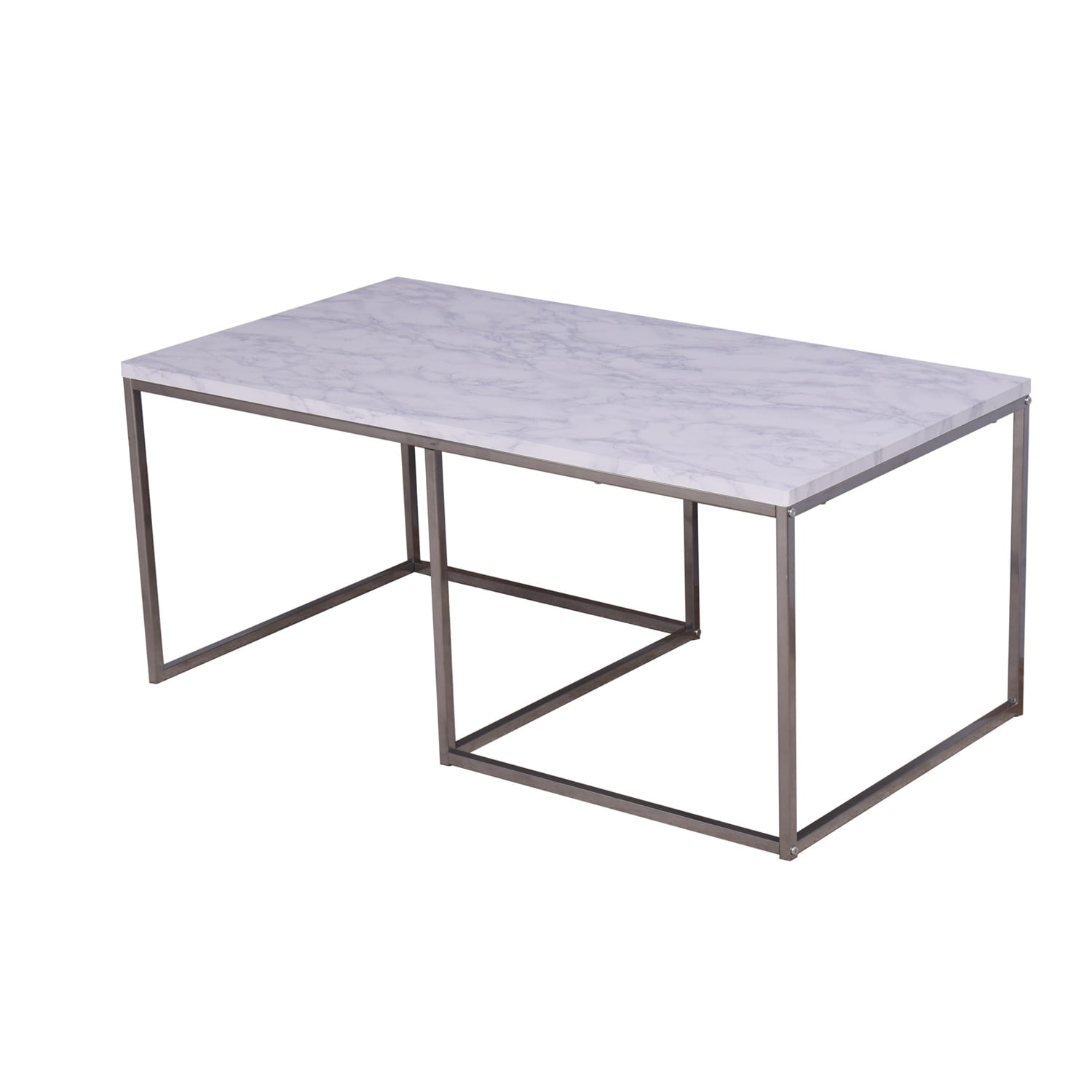 Living Room White Nesting Table, Coffee Table with Wooden MarbleTop, Metal Legs, White