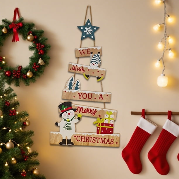 xihome Adorno colgante de muñeco de nieve de madera para puerta o pared en Navidad. Decoracin festiva navideña con veta de madera natural.