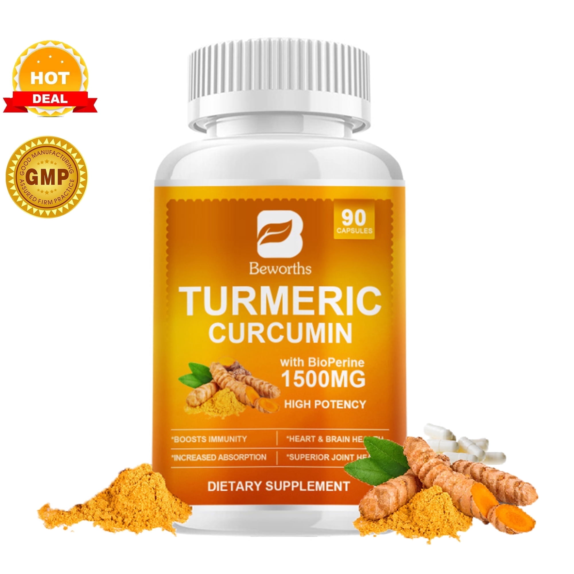 1500mg Turmeric Curcumin with Black Pepper & Ginger - Turmeric Extract with 95% Curcuminoids - Enhanced Absorption, Joint Support Supplement 90 Count