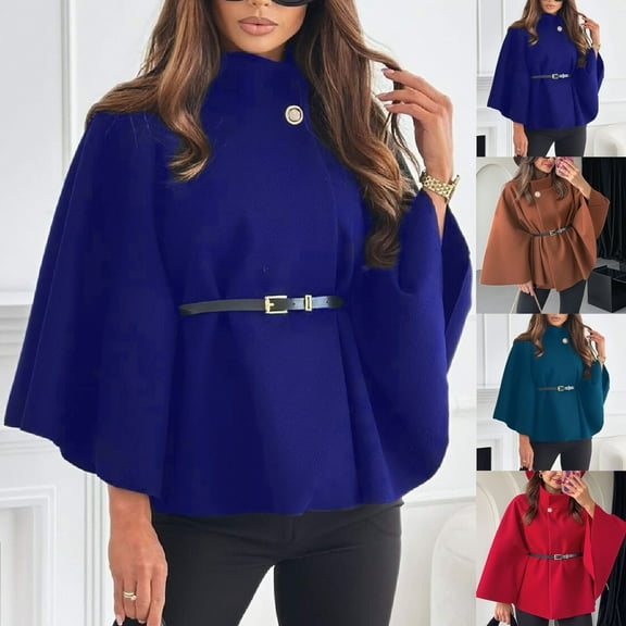 Olyvenn Winter Coats for Women Elegant Stand Collar Wool Blend Batwing Poncho Cape Jacket Outerwear with Belt Blue L