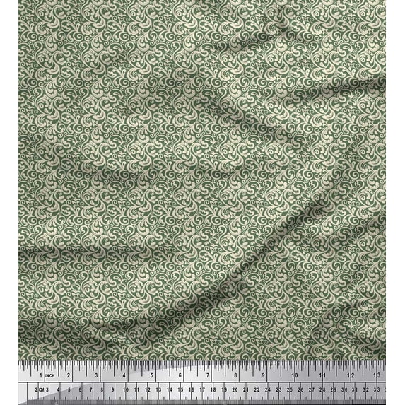 Soimoi Green polyester Crepe Fabric Filigree Damask Print Sewing Fabric Yard 42 Inch Wide