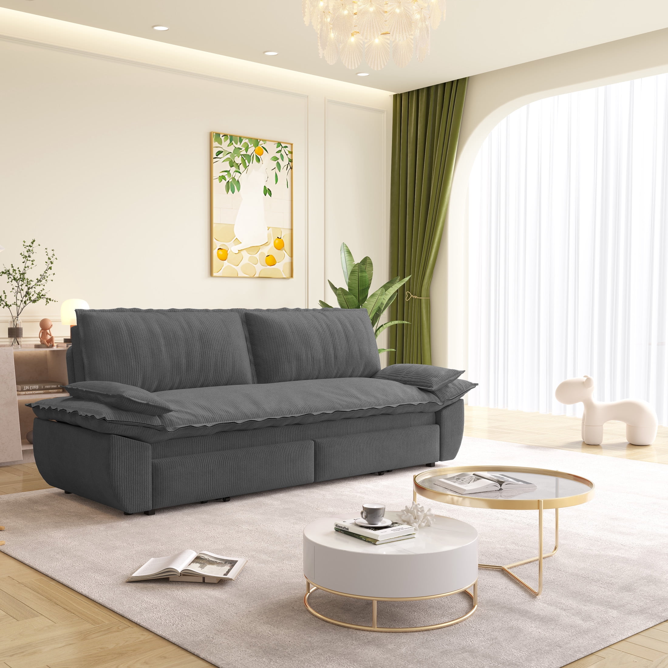 Noble House Cersie Corduroy Pull-Out Loveseat Sofa Bed, Multifunctional 3-in-1 Convertible Queen Sleeper Couch, Dark Grey