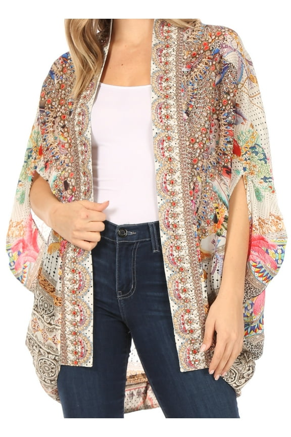 Jenna Women's Casual Boho Sheer Kimono Loose Cardigan Cape Trendy Printed - 469 - One Size