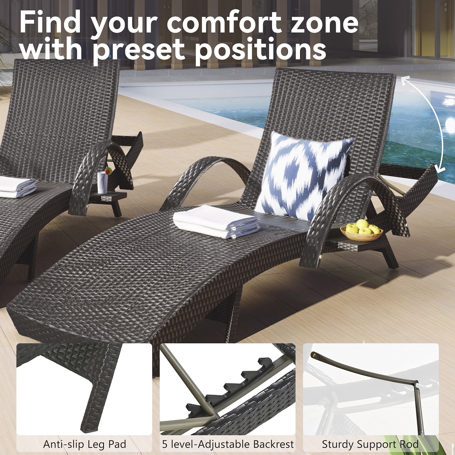 Aimee Lii Set of 2 Patio Wicker Adjustable Backrest Ergonomic Chaise Lounge Chairs with Pull-out Side Table, Convenient and Comfortable, Brown