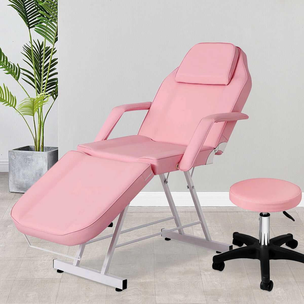 Massage Salon Tattoo Chair Esthetician Bed, Adjustable Facial Bed with Hydraulic Stool, Removable Headrest, Spa Bed Beauty Barber Massage Equipment, Pink