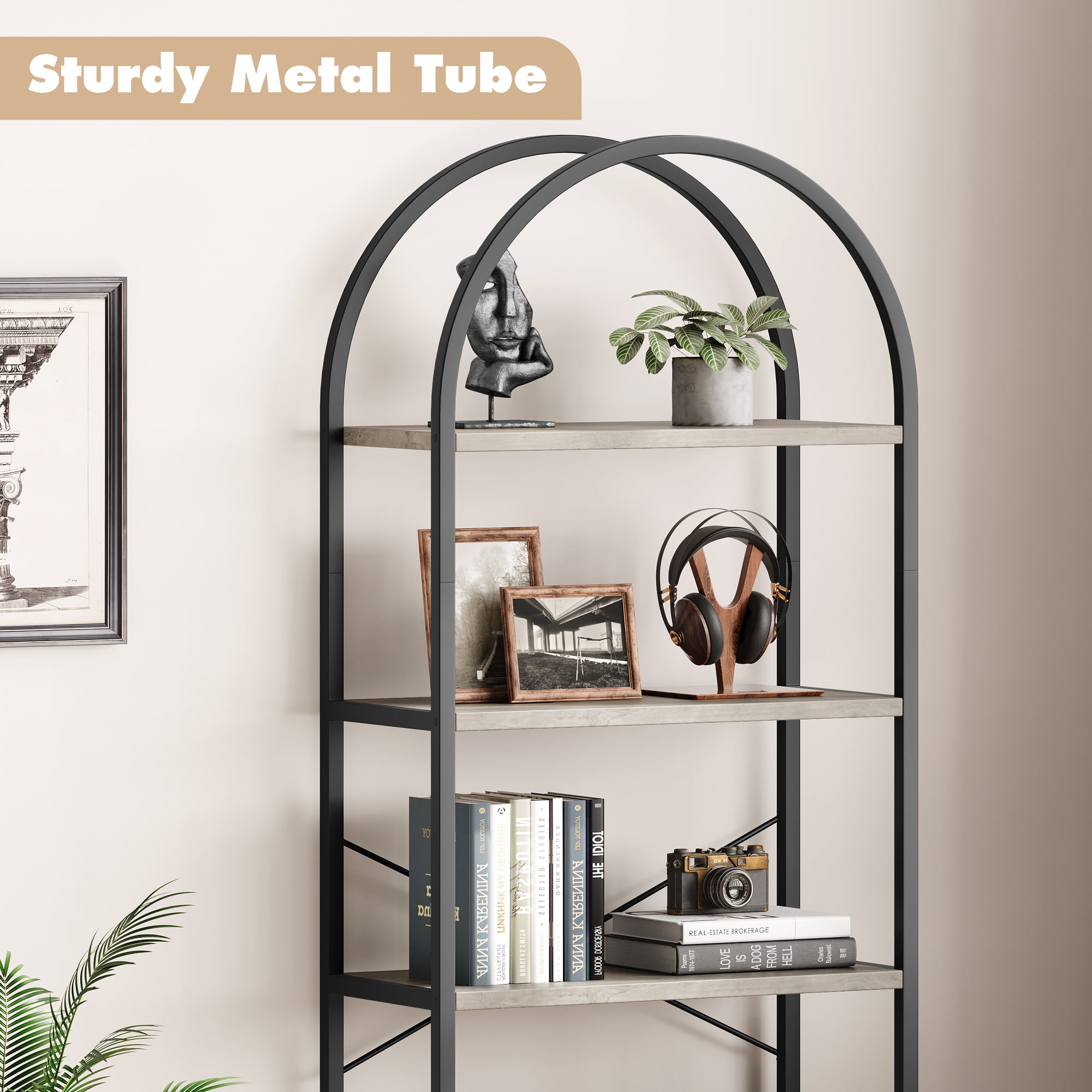 Riedhoff 5 Tier Bookcase, Arched Display Metal Frame, Modern Storage Rack Shelf, Black& Gray