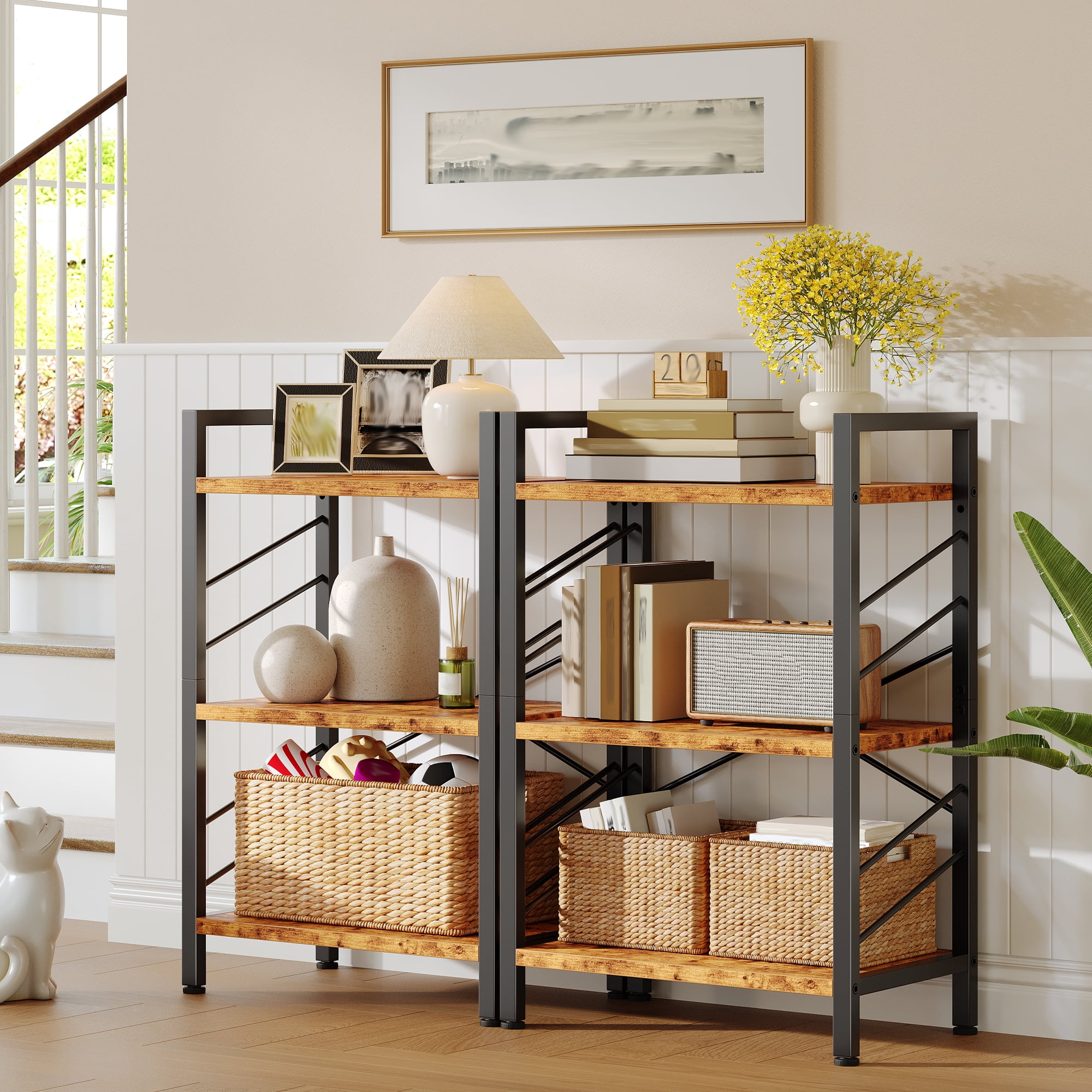 EnHomee 3-Tier Industrial Bookcase with Metal Frame & Side Support, Rustic Brown Compact Bookshelf for Bedroom, Home Office, Living Room Storage