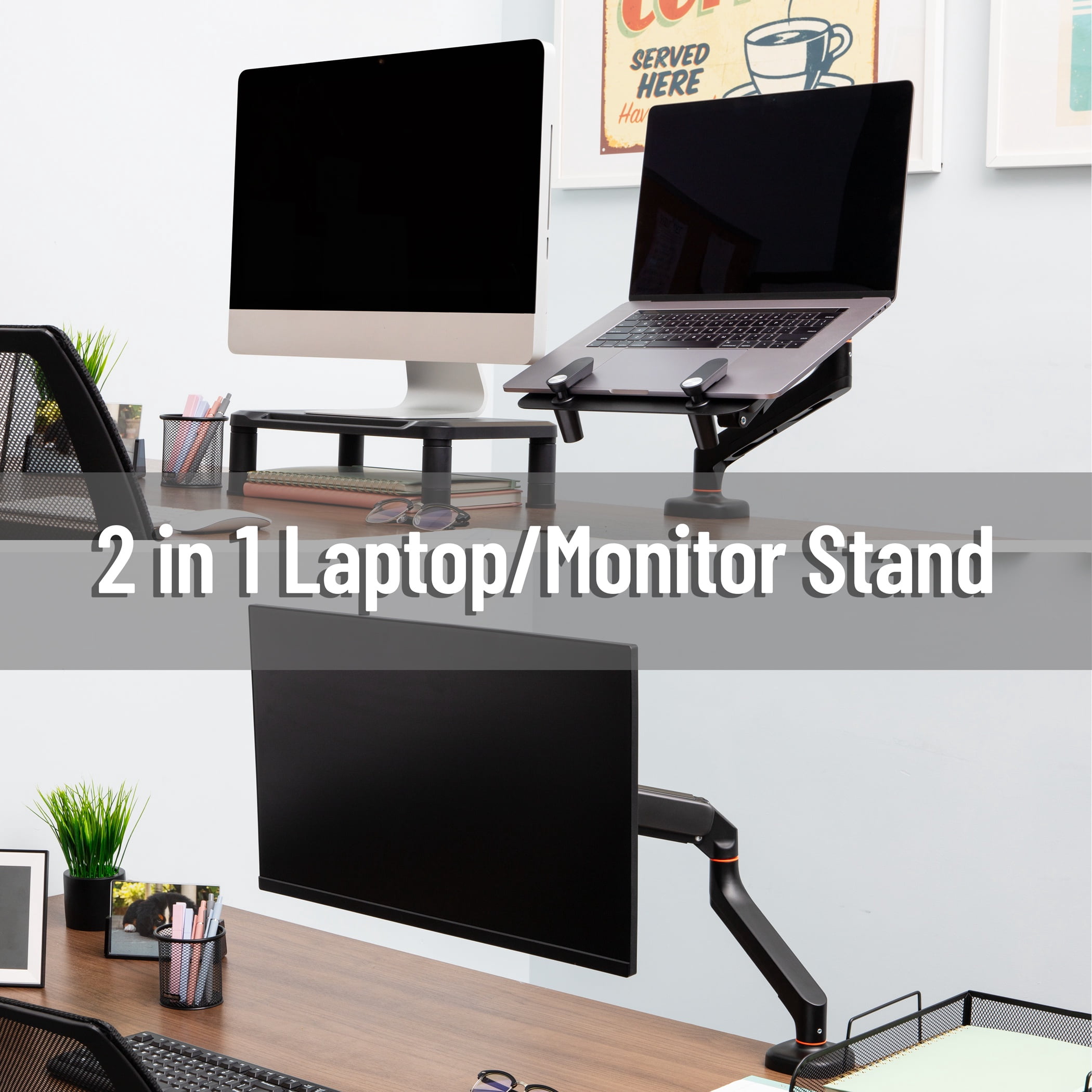 Mind Reader Gas Spring Laptop Desk Mount, Fits 11.6–17.3" Laptops or Monitors, 180° Rotate, 13.2 lb Capacity, Single Arm, Adjustable Tilt/Swivel, Black
