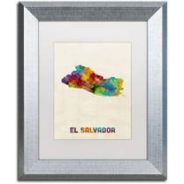 Trademark Fine Art "El Salvador Watercolor Map" Canvas Art by Michael Tompsett, White Matte, Silver Frame