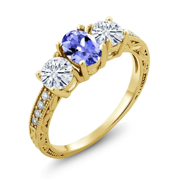 Gem Stone King 18K Yellow Gold Plated Silver 3-Stone Ring Tanzanite Moissanite(1.87 Cttw) (Size 7)