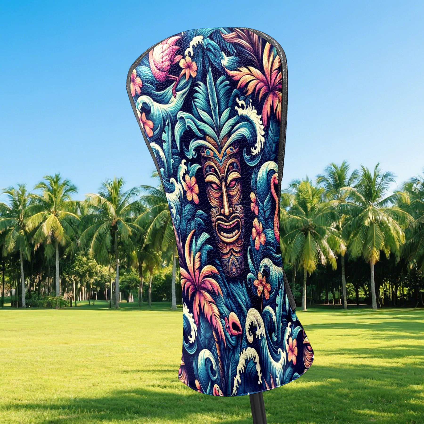 Golf Club Covers, Blue Tiki Flamingos Premium PU Leather Driver Hybrid Putter Head Covers with Velvet Lining, Waterproof Golf Gifts for Men Women