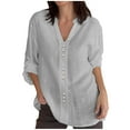 thumbnail image 3 of Women's V Neck Long Sleeve Loose Fit Linen Top Shirt Blouse Solid Color Button Down Casual Work Office Vacation Fashion Essential for Women | Sopatenor,Gray XL, 3 of 9