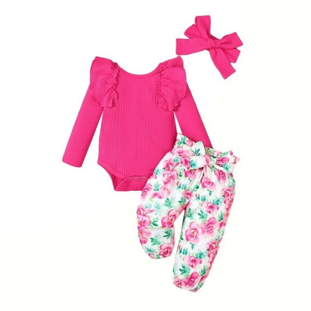 Dealovy Baby Girl Clothes Newborn Infant Ribbed Romper Bodysuit Pants Set Toddler Floral Spring Outfits