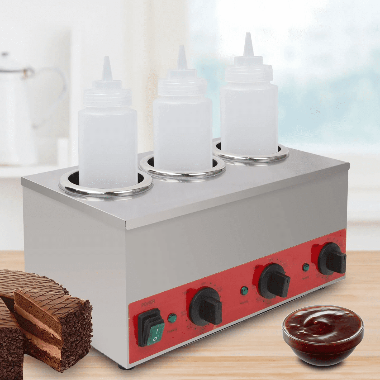 Hakka Triple Bottle Sauce and Cheese Warmer, 3 Well Stainless Steel, 600W, Adjustable Temperature 105-195F, 110V