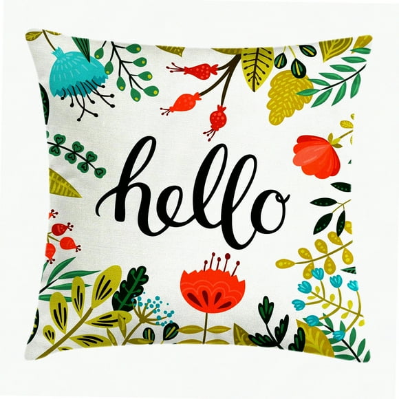Floral Hello Brush Lettering Cushion Cover - Colorful Calligraphy Print Decorative Pillow Case - Home Accent Square Pillow 18" X 18" White Charcoal