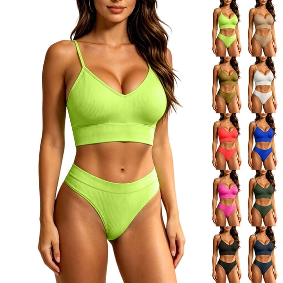 VBTAPA Womens Workout Sets Spaghetti Straps Sports Bra with High Waisted Panties 2 Piece Bikini Lingerie Set Gym Yoga Active Wear Matching Sets Blue L