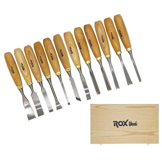 Rox Wood Wood Carving Hand Chisel Tools with Wooden Storage Case - 12 Piece