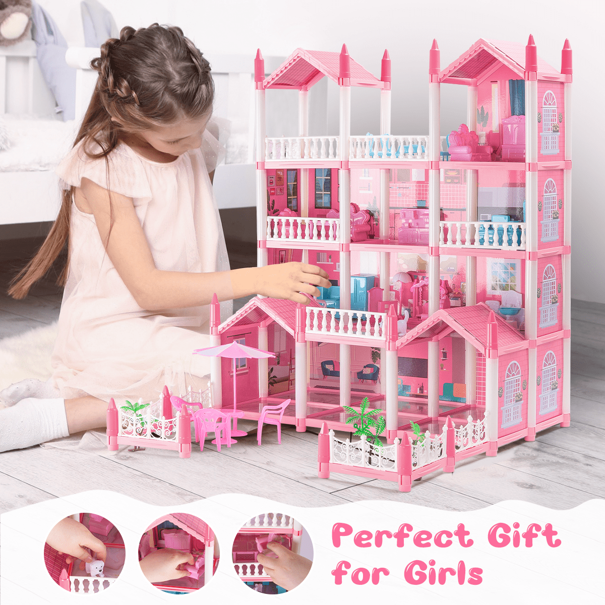 Dollhouse Dreamhouse Building Toy Set with 5 Lights,3 Dolls& 2 Pets  Princess Doll House and Furniture,Accessories,Stairway,Best STEM Pretend  Play Toys