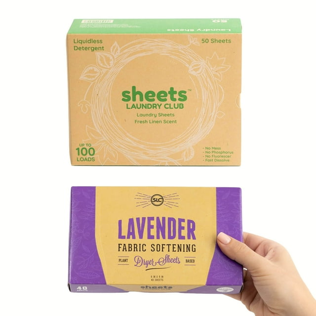 Sheets Laundry Club Bundle - 50 Pack (Up To 100 Loads) Fresh Linen Detergent Sheets & 40 Pack Lavender Dryer Sheets - New Liquidless Technology Travel Essential Cleaning Supplies