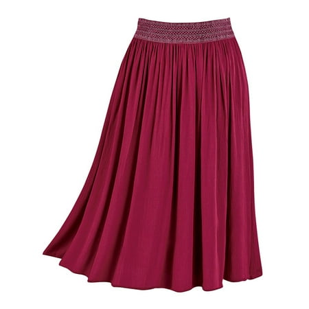 Solid Circle Skirt - Women's Easy-Fit Crinkle Skirt, Pull-On with Embroidered Waist, Stretchy, Solid Colors, X-Large, Wine