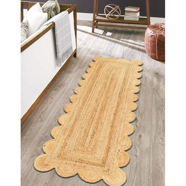 Indian Handmade Braided Natural Jute Scalloped Design Area Rug, Home Décor Rug, Jute Rug for Bedroom, Dining Room, living room, Doormat Rug Size - 2.6' x 14' (78 cm x 420 cm)
