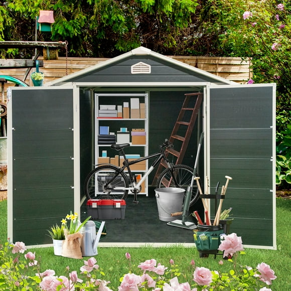 GOWE 6 ft x 8 ft Resin Outdoor Storage Shed Kit-Perfect to Store Patio Furniture OUTDOOR STORAGE SHED: Features a slim footprint design for lawn equipment and gardening tools while fitting nicely al