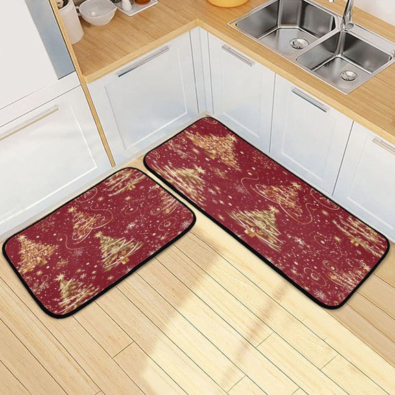 Kitchen Rugs and Mats【2 PCS】Non Skid Christmas Trees with Sonwflake Pattern Creative Kitchen Mat