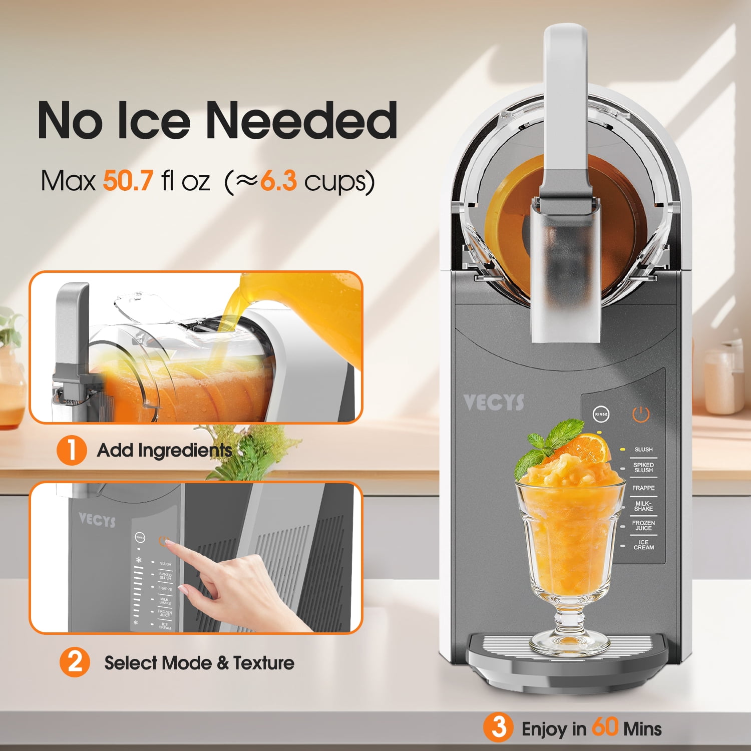 VECYS 6-in-1 Slushie Machine & Frozen Drink Maker for Home, with Medical-Grade High-Impact Jar (BPA-Free), 10 Level Texture Control, 60-Min Fast Freeze, 50.7 fl oz, Grey