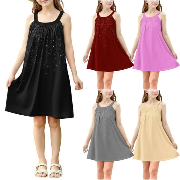 Swuxness Girl's Casual Sleeveless Sling Dress, Kids Dresses, Kids Girl Crew Neck Solid Color Comfortable Soft Lightweight Glitter Spaghetti Strap Tank Dress Pink, 9-10 Years