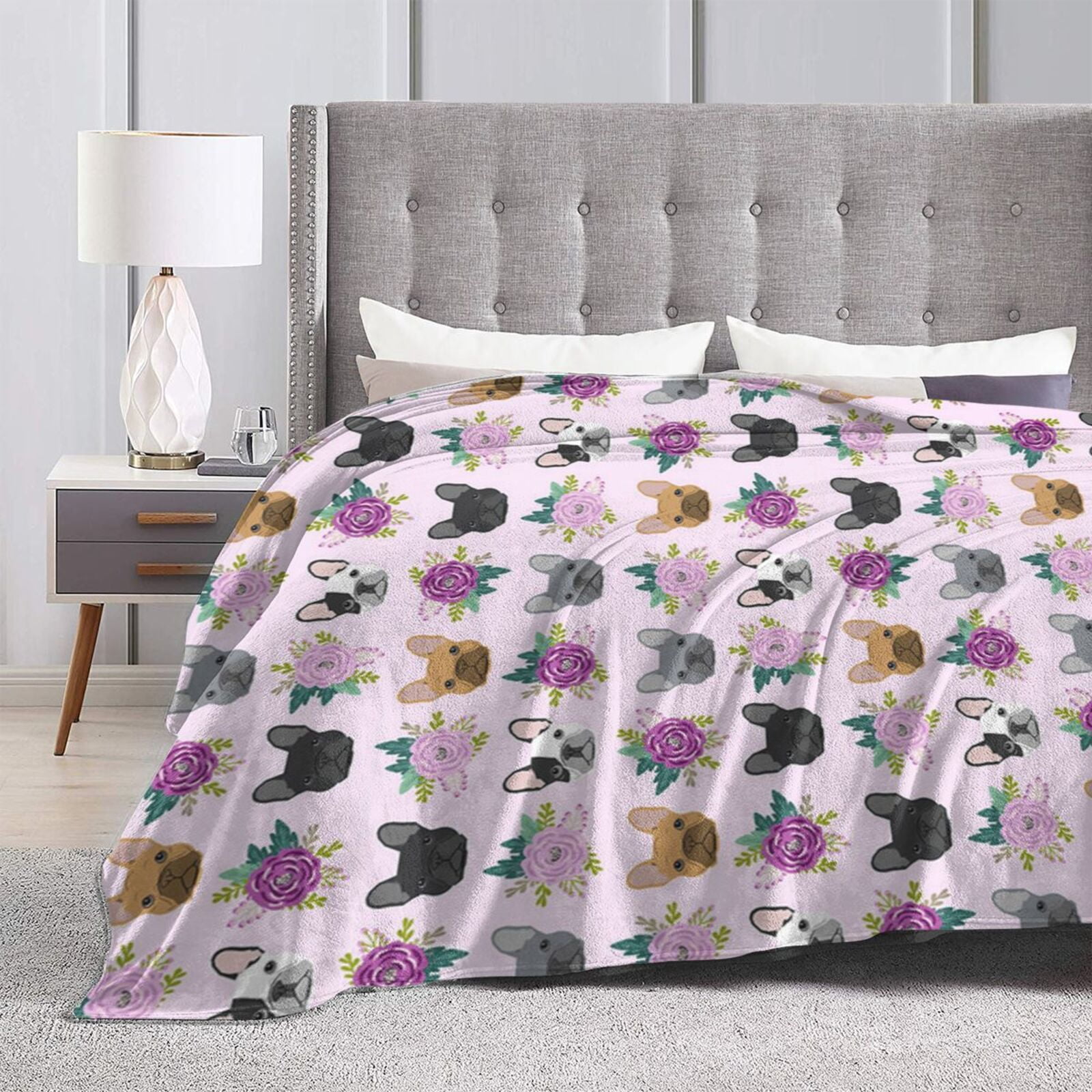 Wijzvio French Bulldog Dog Floral Flower Throw Blanket Soft Fuzzy Fleece Blanket For Couch Bed Living Room Decoration 60"X50"