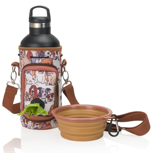 Made Easy Kit Water Bottle Carrier with Pocket for Dog Poop Waste Bags and Adjustable Padded Shoulder Strap