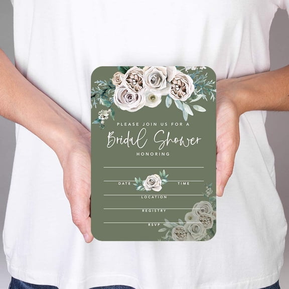 Koyal Wholesale Sage Green Cream Floral Bridal Shower Invitations, Blank 20-Pack