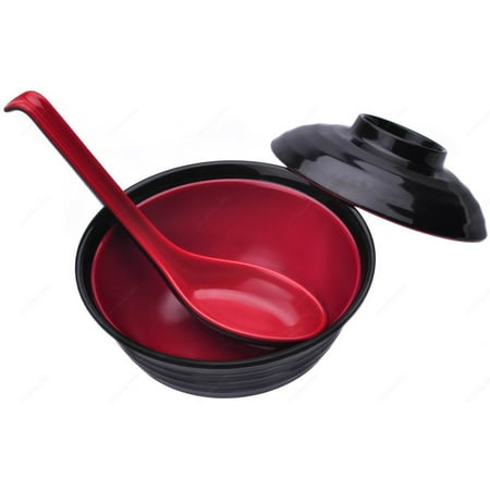 M.V. Trading MV3222.300 Set of Japanese Melamine Soup Bowl with Lid and Ladle Style Spoon Black & Red, 10 Ounces, 4.75 Inches Wide x 2.5 inches Deep