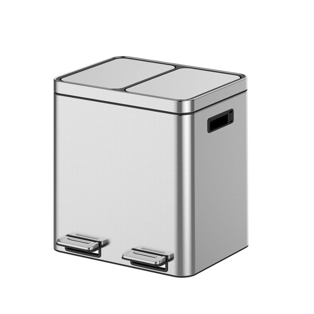 2 x 4-Gallon Garbage Can for Kitchen, 2 Compartments for Recycling and Trash, Plastic Inner Buckets and Hinged Lids, Wide Stainless Steel Shape (15 + 15 for 30L Total), Silver
