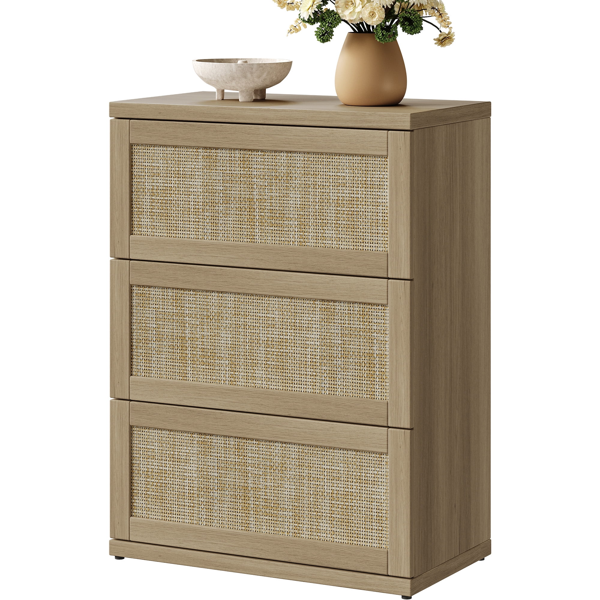 SICOTAS 34.2" Tall 3-Drawer Dresser Nightstand, Small Boho Rattan Chest of Drawers with Slide Rails, Wood Dresser Organizer, Modular Storage Cabinet for Bedroom & Living Room, Natural Oak
